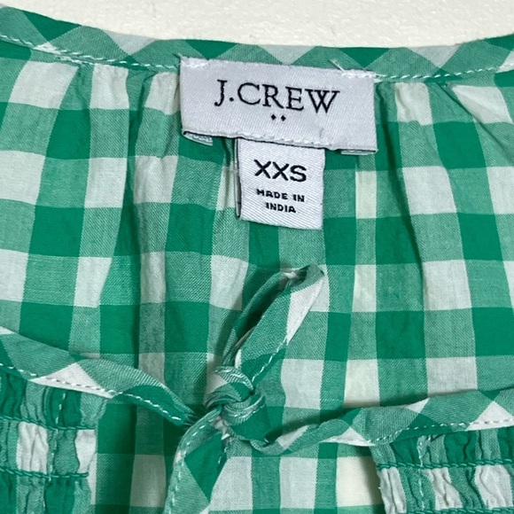 J. Crew Green Gingham Women's Top XXS Tie Neck Smocked Cotton Woven Casual Chic - Picture 11 of 16